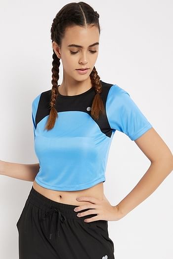 Front listing image for Comfort-Fit Active Cropped T-shirt in Light Blue with Yoke Panel	