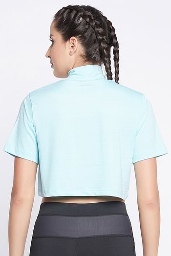 Back listing image for Comfort Fit Text Print Turtleneck Active Crop Top in Sky Blue	