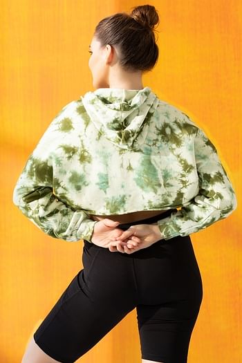 Back listing image for Comfort Fit Tie-Dye Print Cropped Hoodie in Olive Green - 100% Cotton