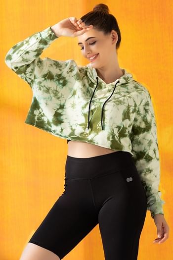 Front listing image for Comfort Fit Tie-Dye Print Cropped Hoodie in Olive Green - 100% Cotton