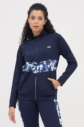Front listing image for Comfort Fit Active Jacket in Navy Colour with Marble Print Panels