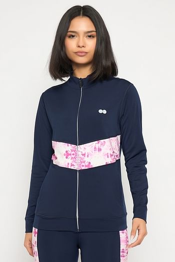 Front listing image for Comfort Fit Active Jacket in Navy with Printed Pink Panels