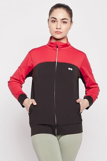 Front listing image for Comfort-Fit Active Jacket in Black with Red Panels