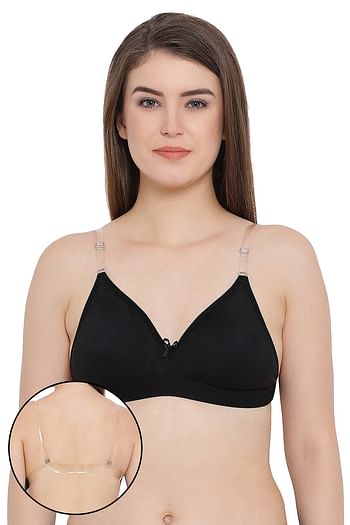 Front listing image for Invisi Non-Padded Non-Wired Full Coverage Multiway Strapless T-shirt Bra in Black with Transparent Straps & Band - Cotton Rich