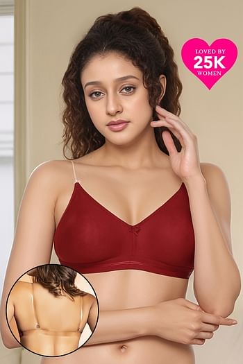 Front listing image for Invisi Non-Padded Non-Wired Full Coverage Multiway Strapless T-shirt Bra in Maroon with Transparent Straps & Band - Cotton Rich