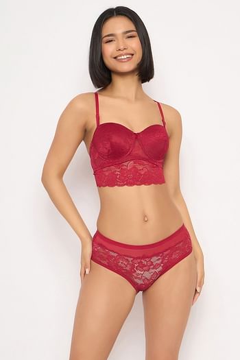 Front listing image for Padded Wired Multiway Longline Bralette & Mid Waist Hipster Panty in Red - Lace