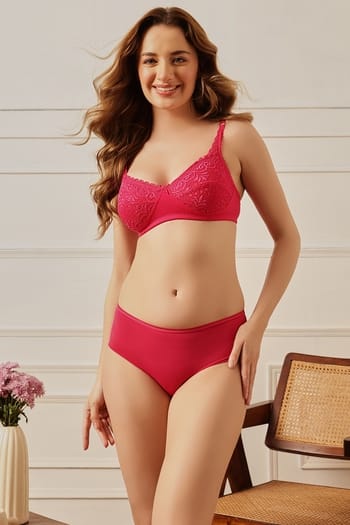 Front listing image for Non-Padded Non-Wired Full Coverage Bra & Mid Waist Laser-cut Hipster Panty in Hot Pink