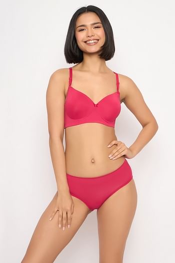 Front listing image for Padded Non-Wired Full Coverage Multiway T-shirt Bra & Mid Waist Hipster Panty in Fuschia Pink