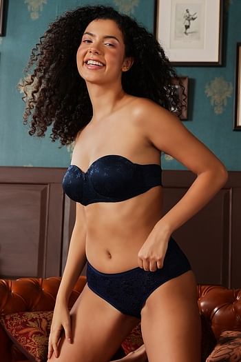 Front listing image for Invisi Padded Underwired Full Coverage Strapless Balconette Bra & Mid Waist Hipster Panty in Navy - 