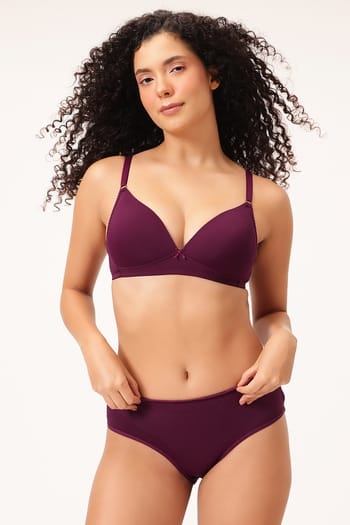Front listing image for Padded Non-Wired Demi Cup Plunge Bra & Mid Waist Hipster Panty in Wine Colour