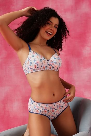 Back listing image for Leaf Print Padded Non-Wired Full Coverage Multiway T-shirt Bra & Mid Waist Hipster Panty in White