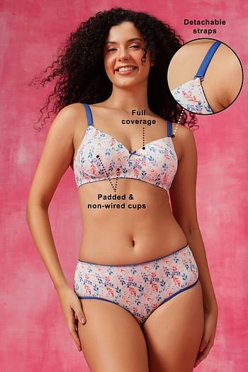 Front listing image for Leaf Print Padded Non-Wired Full Coverage Multiway T-shirt Bra & Mid Waist Hipster Panty in White