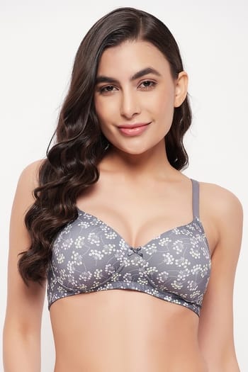 Clovia Padded Non-Wired Full Cup Floral Print T-shirt Bra in Light Grey