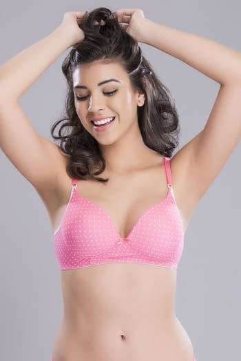 Clovia Padded Non-Wired Full Cup Polka Print T-shirt Bra in Pink