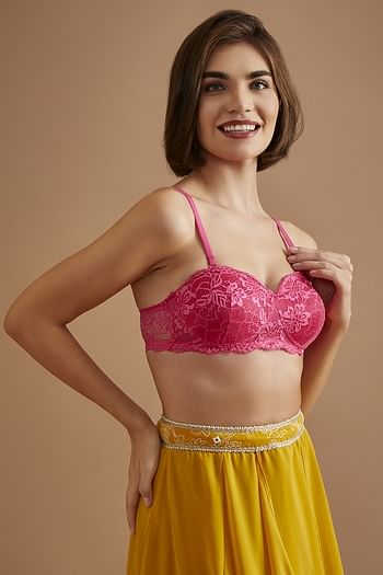Back listing image for Padded Non-Wired Demi Cup Multiway Balconette Bra in Hot Pink - Lace
