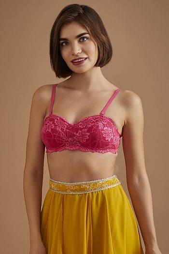 Front listing image for Padded Non-Wired Demi Cup Multiway Balconette Bra in Hot Pink - Lace