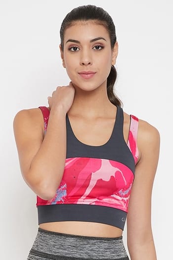 Clovia Medium Impact Padded Abstract Print Sports Bra in Pink
