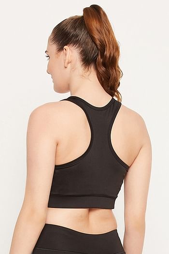 Back listing image for Medium Impact Padded Non-Wired Colourblock Sports Bra in Black with Removable Cups