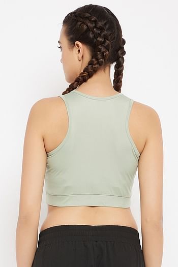 Back listing image for Medium Impact Padded Racerback Sports Bra with Removable Cups in Sage Green	