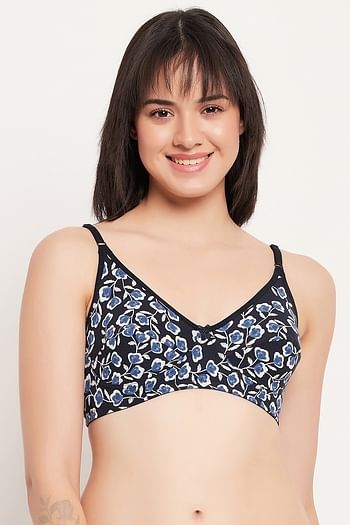 Front listing image for Non-Padded Non-Wired Full Cup Floral Print Bra in Navy - Cotton