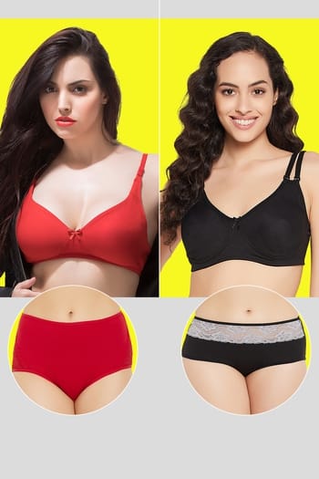 Clovia Pack of 4 Non-Padded Non-Wired Bras & Hipster Panties
