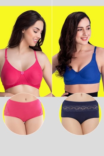 Clovia Pack of 4 Non-Padded Non-Wired Bras & Hipster Panties