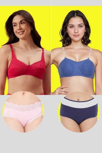 Clovia Pack of 4 Non-Padded Non-Wired Bras & Hipster Panties