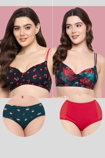 Clovia Pack of 4 - Padded Non-Wired Bras & Hipster Panties