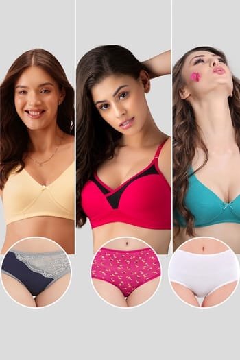 Clovia Pack of 6 Non-Padded Non-Wired Bras & Hipster Panties