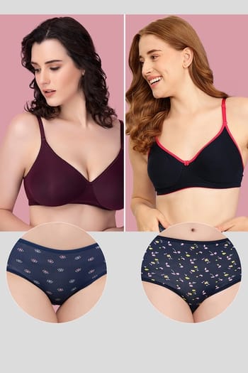 Clovia Pack of 4 Padded Non-Wired Bras & Hipster Panties