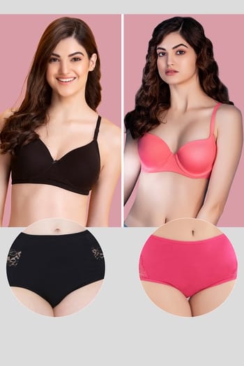 Clovia Pack of 4 Padded Bras & High Waist Hipster Panties