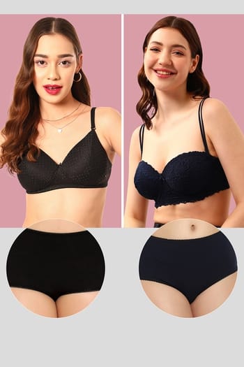 Clovia Pack of 4 Padded Bras & High Waist Hipster Panties
