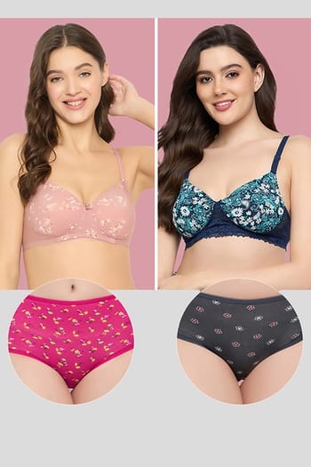 Clovia Pack of 4 Padded Non-Wired Bras & Hipster Panties
