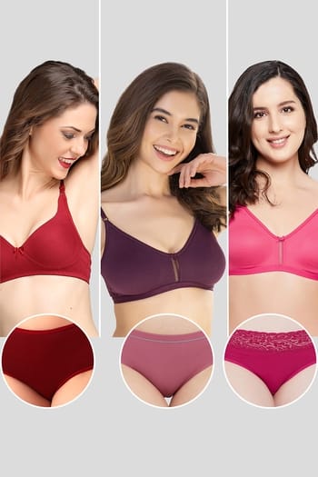 Clovia Pack of 6 Non-Padded Non-Wired Full Coverage Bras & Hipster Panties - Cotton