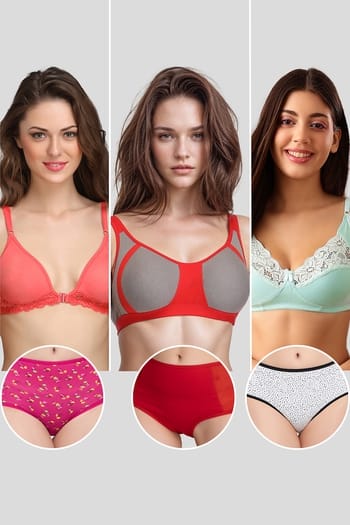 Clovia Pack of 6 Non-Padded Non-Wired Bras & Hipster Panties