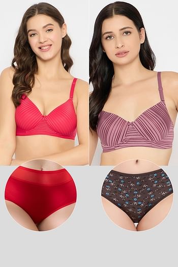 Back listing image for Pack of 4 Padded Self-Striped Multiway T-shirt Bras & Hipster Panties