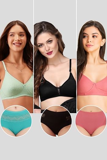 Front listing image for Pack of 6 Non-Padded Non-Wired Full Coverage T-shirt Bras & High Waist Hipster Panties - Cotton