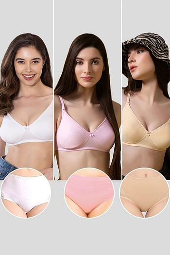 Front listing image for Pack of 6 Non-Padded Non-Wired Full Coverage T-shirt Bras & High Waist Hipster Panties - Cotton