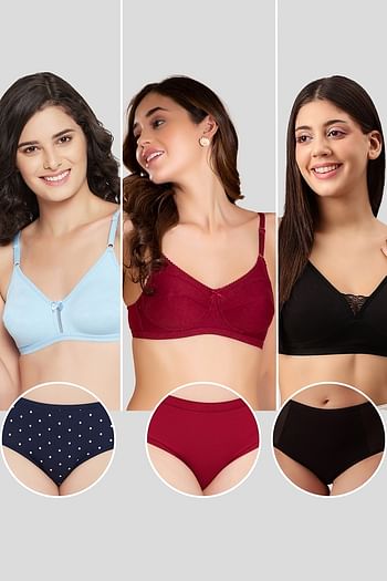Front listing image for Pack of 6 Non-Padded Non-Wired Full Coverage Bras & Hipster Panties - Cotton