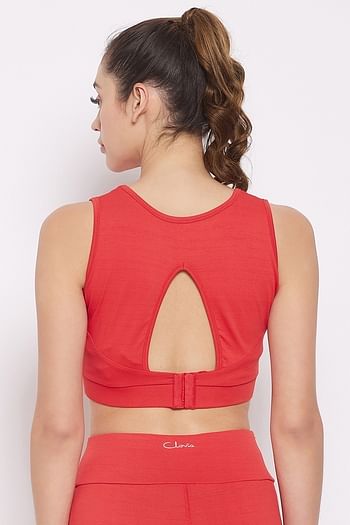Back listing image for Medium Impact Padded Non-Wired Sports Bra in Red with Removable Cups