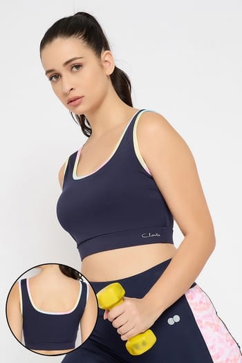 Clovia Medium Impact Sports Bra in Navy with Removable Cups