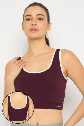 Clovia Medium Impact Sports Bra in Wine Colour with Removable Cups