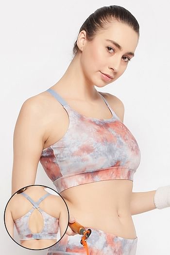 Front listing image for Medium Impact Padded Tie-Dye Print Sports Bra in Grey with Removable Cups	
