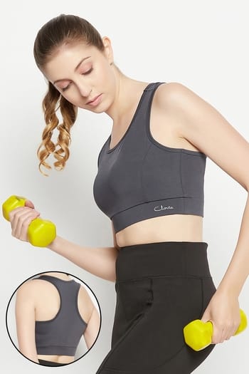 Clovia Medium Impact Padded Racerback Sports Bra in Dark Grey