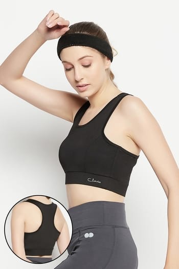 Clovia Medium Impact Padded Racerback Sports Bra in Black