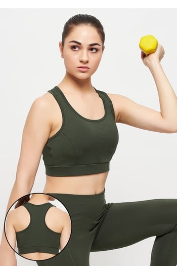 Clovia Medium Impact Padded Racerback Sports Bra in Seaweed Green