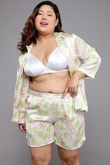Back listing image for Cactus & Emoji Print 3 Piece Nightwear Set in White - Satin