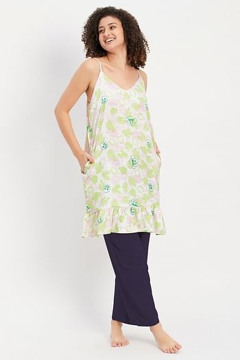 Front listing image for Cactus & Emoji Print Tunic Top in White & Chic Basic Pyjama in Navy
