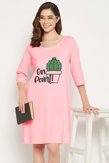 Front listing image for Cactus Print Short Night Dress in Baby Pink - 100% Cotton