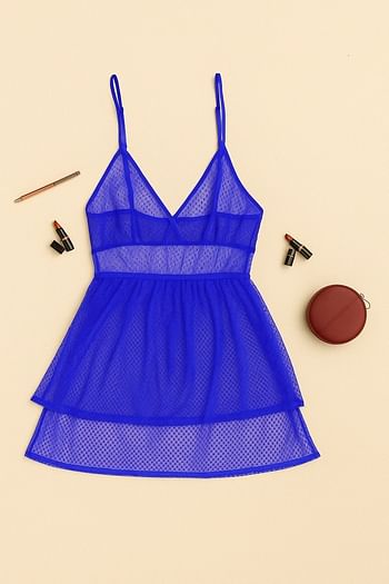 Front listing image for Chic Basic Babydoll in Royal Blue with G-string - Mesh